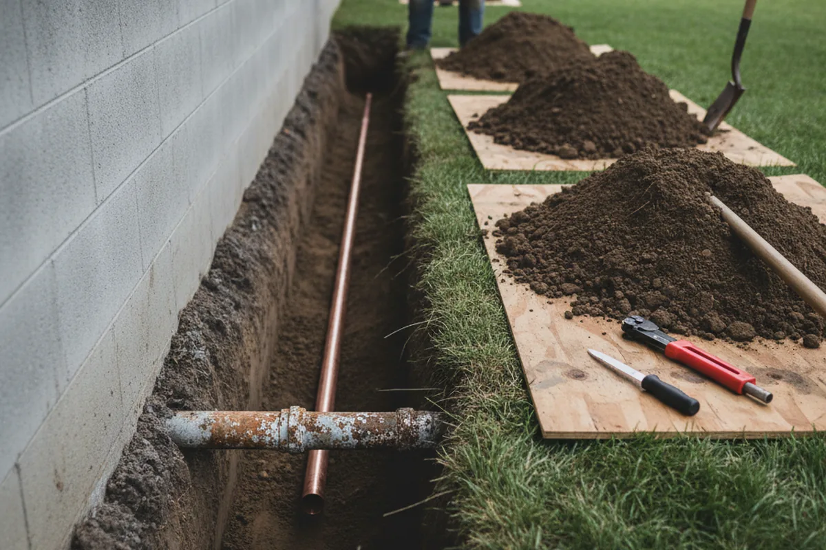 Excavated water line trench during Sewer Line Repair in Martinez